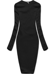 Czarna, klasyczna, prążkowana sukienka, basic elegance z długim rękawem