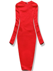Czerwona, klasyczna, prążkowana sukienka, basic elegance z długim rękawem
