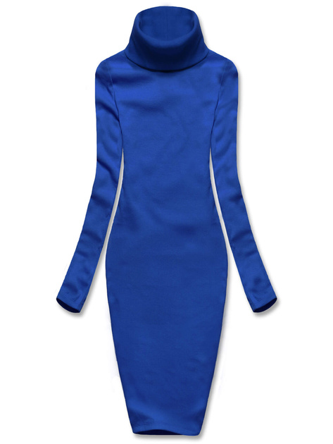 Kobaltowa, elegancka, prążkowana sukienka klasyczna, basic z golfem