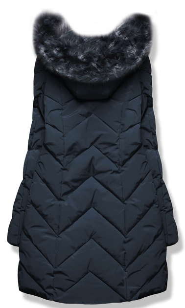 Granatowa zimowa ciepła pikowana w jodełkę kurtka płaszczyk z kapturem