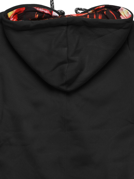 Czarna długa bluza z kwiecistym kapturem i kieszeniami 826A