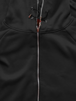 Czarna długa bluza na suwak z zapinanymi kieszeniami i z kapturem obszytym wewnątrz modną wstawką z napisami
