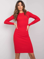 Czerwona, klasyczna, prążkowana sukienka, basic elegance z długim rękawem