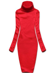 Czerwona, elegancka, prążkowana sukienka klasyczna, basic z golfem