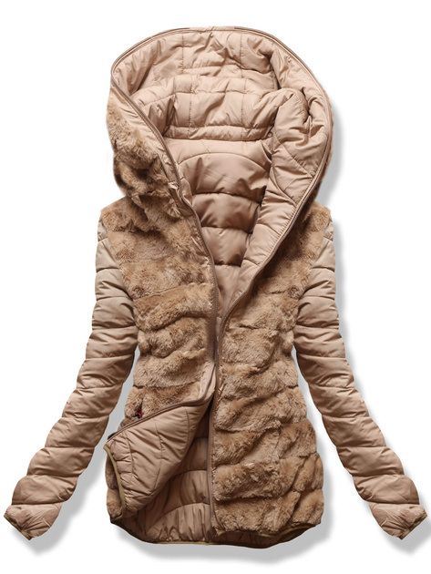 Beżowa dwustronna zimowa pikowana kurtka futerko
