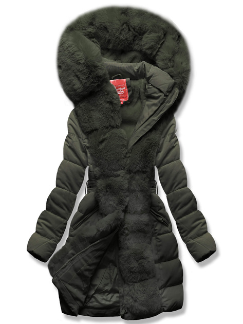 Oliwkowa zimowa pikowana kurtka płaszczyk + futro