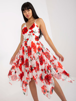 Biało-czerwona zwiewna asymetryczna sukienka na ramiączka w kwiaty