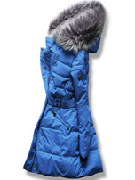 Niebieska zimowa pikowana kurtka płaszczyk z kołnierzem i  paskiem