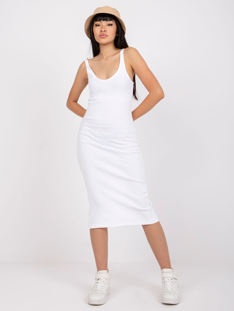 Biała prążkowana dopasowana sukienka bez rękawów z długim rozcięciem