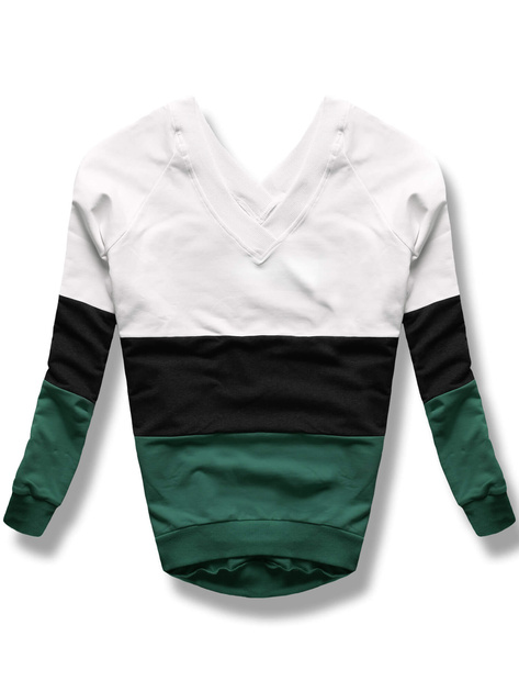 Biało czarno zielona trzykolorowa luźna bluza oversizowa dekold serek