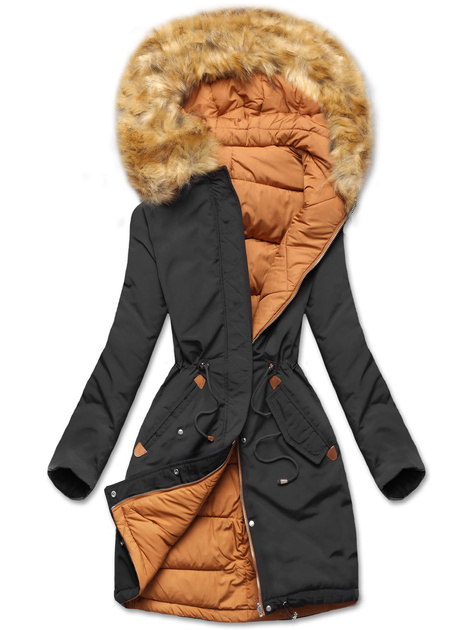 Czarna Karmelowa dwustronna zimowa pikowana kurtka parka płaszczyk z kapturem